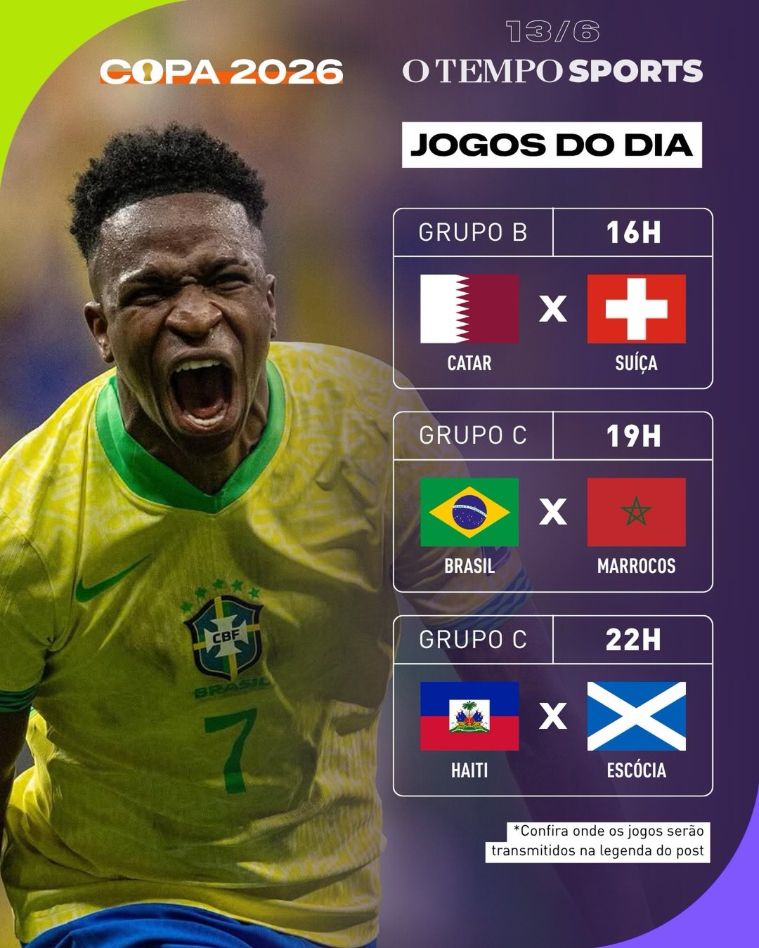 Jogos do dia: Catar x Suíça, Brasil x Marrocos e Haiti x Escócia